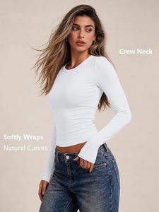 Haut court blanc à manches longues pour femme, col rond, coupe ajustée, en tricot de coton et élasthanne, couleur unie, respirant, toutes saisons - Product Image 4