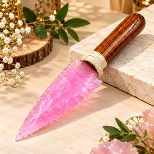 Sculpture artisanale en cristal de quartz rose avec poignée en bois sculptée en relief, art Wicca fantastique et objet de collection en gros - Product Image 6