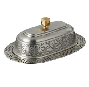 Plat à beurre ovale en acier inoxydable avec couvercle, motif gravé vintage, hermétique, vaisselle de cuisine pour les fêtes - Product Image 4