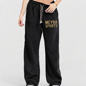 Pantalones de chándal de algodón de rizo negros lisos para mujer, de cintura media, pierna ancha, cintura elástica, transpirables, de secado rápido, ajuste holgado, longitud completa - Product Image 4