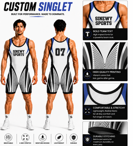SINGLET DE LUCHA SINEWY SPORTS Personalizado, Unisex, Ajustado, de una Pieza, con Impresión Digital, Elástico, Transpirable, de Secado Rápido, Ligero y Duradero - Product Image 1