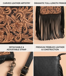 Women's Genuine Leather Fringe Crossbody Sling <b>Bag</b> with Zipper Closure Floral Western Style Single <b>Strap</b> Travel <b>Shoulder</b> Purse - Product Image 2
