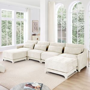Divano a Quattro Posti in Tessuto Chenille per Soggiorno, Struttura in Legno Massello, Spugna ad Alta Resilienza, 1 Pouf Mobile, Cuscino Lombare, Elegante - Product Image 1
