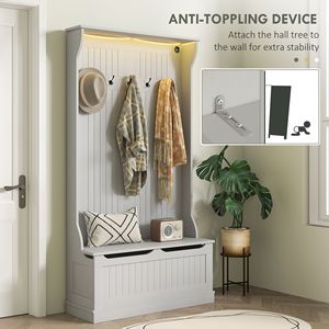 Appendiabiti da ingresso 3-in-1 con luci LED, panca e contenitore per scarpe, 5 appendiabiti, colore grigio - Product Image 6