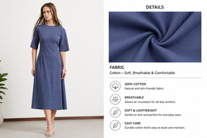 Robe midi en coton 100% pour femmes, coupe évasée avec plis |   Robes d'été décontractées bleues unies à col rond et manches courtes pour filles - Product Image 5