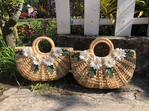 Bohemian Handmade Durable Water Hyacinth Cylinder Bag | Eco-Friendly Woven Print Summer Tote with Top Handle - Product Image 3