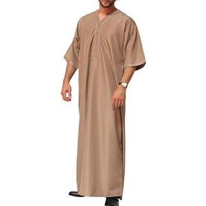 Túnica informal negra para hombre, de una pieza, manga larga, ropa tradicional musulmana, cuello redondo, largo hasta el tobillo, 100% algodón, estilo Dubai. - Product Image 4