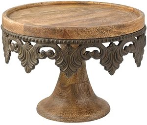 Vintage Wooden Cake Stand with Metal Filigree Rim Round Pedestal Dessert Display Tray Platter for Wedding Table Decor Cake Stand - Product Image 1