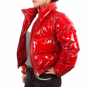Red PU Puffer Jacket Women Casual Winter Outerwear <b>Waterproof</b> Solid Color <b>Zipper</b> Closure Short Length Regular Fit - Product Image 2