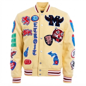 Blouson universitaire personnalisé jaune clair, style Letterman, Bomber de baseball, pour femme, streetwear vintage, avec patch brodé et empiècements en maille sur le devant, tendance - Product Image 1