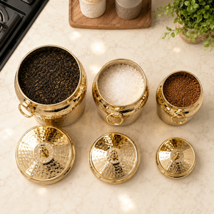 Gold Stainless Steel <b>Canister</b> Set of 5 | Hammered Metal <b>Tea</b> Sugar Coffee Food Storage Containers Arabic Kitchen Eid Decor Gift - Product Image 2