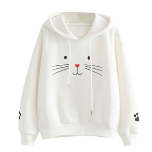 เสื้อฮู้ดดี้โอเวอร์ไซส์ผ้าฝ้ายปักลายหน้าแมวสีขาวสำหรับผู้หญิง พร้อมดีเทลแขนเสื้อรูปอุ้งเท้า สไตล์ลำลองแนวสตรีทแวร์ - Product Image 1