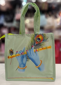 Premium Divine Lord Krishna Flute and Peacock Feather Printed Satin Tote Bag Eco Friendly Reusable Carry Bag for Women and Girls - Product Image 4