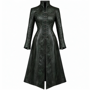 Forest Dark Green Leather Trench <b>Coat</b> Metal Clasp Stand Collar Long Duster Outerwear <b>Womens</b> Custom Factory Provider - Product Image 1