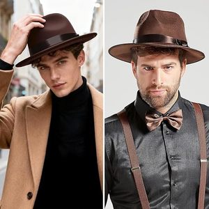 Black Wool Felt Fedora Hat Ribbon Band Adjustable Wide Brim Unisex Classic Style for Party Outdoor Travel - Product Image 4
