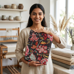 Tela de Algodón Premium Negra con Estampado Floral Hecho a Mano |   Textil Artesanal Monocromático Orgánico para Vestidos Boho y Prendas de Lujo - Product Image 3