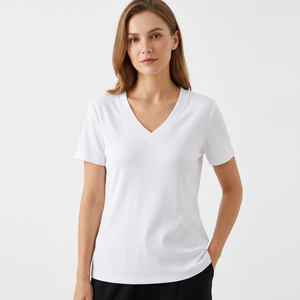 T-shirt blanc pour femme, col en V, manches courtes, tricot côtelé, uni, anti-rides, 100% coton, coupe décontractée, tee-shirt d'été - Product Image 1