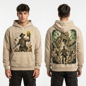 Sweat à capuche personnalisé rouge et noir à manches superposées pour homme, style streetwear, effet délavé, motif Zombie Construction Crew, en molleton de coton - Product Image 3