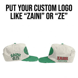 Gorra ZAINI Premium de 260 GSM, de Sarga de Algodón, Impermeable, Ajustable, Estilo Desgastado, Blanca y Verde, de 5 Paneles, con Logotipo Bordado Personalizado - Product Image 1