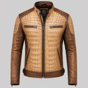 <b>Men's</b> Brown Satin <b>Trench</b> <b>Coat</b> with Stand Collar Zipper Closure Thick Fleece Lining Lace Decoration 240g Embossed - Product Image 1
