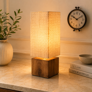 Stylish Wooden <b>Block</b> Lamp with Minimalist Linen Shade Ideal for Modern Living Room or Bedroom Decor - Product Image 1