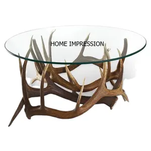 Wooden Antler Base Centerpiece Mirror Large Designer Coffee Table