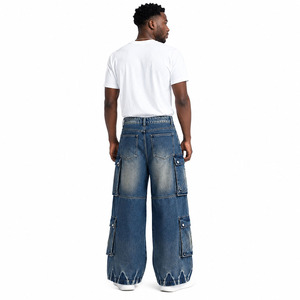 Pantalon cargo en jean ample pour homme avec logo personnalisé, style vintage délavé bleu, multi-poches, vêtements de travail, usine OEM ODM - Product Image 4