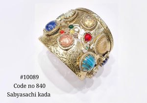 Bracelet manchette plaqué or 10089 avec pierres précieuses multicolores et perles, jonc ouvert en zircon cubique, bijou manchette pour mariage - Product Image 2