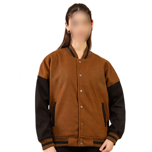 Créez votre propre veste varsity marron pour femme, manches longues, col rabattu, couleur contrastée, laine et polyester, pour l'automne. - Product Image 1