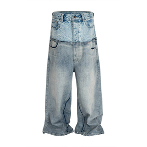 Jeans in denim da <span class=keywords><strong>uomo</strong></span> personalizzati, lavaggio chiaro, a doppia vita, gamba dritta, stile baggy, effetto distressed, streetwear - Product Image 2