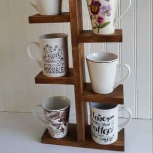 Wooden <b>Kitchen</b> Organizer Mug Rack with <b>Hooks</b> Holds Six Ceramic Mugs and Six Wooden Saucers Minimalist Functional Sty - Product Image 4
