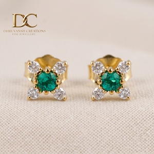 Designer Jewelry 14KT Solid Yellow Gold Lab Grown Diamond and Colombian <b>Emerald</b> <b>Stud</b> <b>Earring</b> Round Cut IGI Certified for Women's - Product Image 2