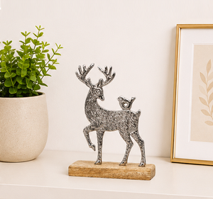High Quality Handcrafted Silver Aluminum Reindeer With Bird Sculpture On Solid Wooden Base Modern Metal Stag Figurine Tabletop - Product Image 4