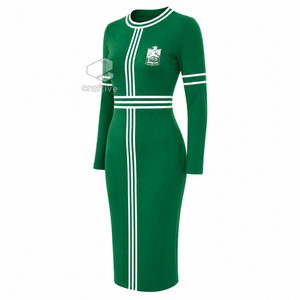 Robe midi moulante verte à manches longues pour femme Iota Phi Lambda avec accents rayés blancs, col rond, grande taille, coupe ajustée, robe décontractée - Product Image 3