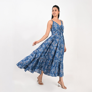 Indian Cotton <b>Boho</b> <b>Dress</b> Casual V-neck Ankle Length Open Back Eco-Friendly Breathable <b>Summer</b> Natural Waist Beach Wear - Product Image 2