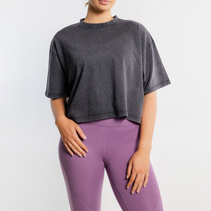 Camiseta corta de algodón lisa de verano para mujer, talla grande, con hombros caídos, estilo oversize. - Product Image 3