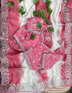 Sari rose de créateur, sari rose poudré brodé, sari rose pour soirée, sari élégant et féminin, sari traditionnel de créateur - Product Image 3