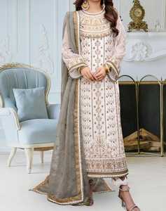 Ensemble shalwar kameez 3 pièces en chiffon traditionnel de haute qualité pour femmes, avec châle brodé pour mariage et fête - Product Image 2