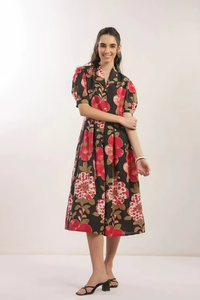 Vestido Midi Floral Negro para Mujer, Tejido Flexible de Algodón Suave y Transpirable con Estampado Vibrante en Toda la Prenda, para Uso Casual de Verano - Product Image 2