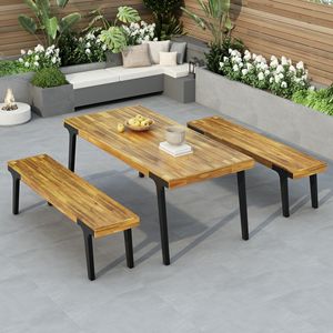 1 Dining <b>Table</b> and 2 Dining <b>Benches</b> <b>Set</b> for Garden Decor - Product Image 1