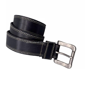 Ceinture décontractée classique en cuir de vache pleine fleur noir de 38mm de large pour hommes avec coutures à bord blanc à double rangée et boucle argentée mate - Product Image 4