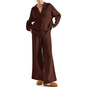 Tenues d'automne en tricot gaufré pour femmes, pantalon évasé surdimensionné à manches longues, ensemble de pulls bruns - Product Image 1