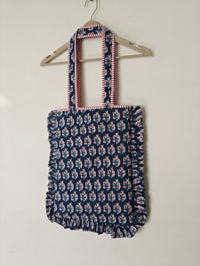 Casual <b>Navy</b> Blue Leaf Print Laptop <b>Bag</b> with Ruffle Edges Shoulder Carry Cotton Quilted Daily Use Portable Design - Product Image 3