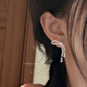 S925 sterling <b>silver</b> retro South Korea east gate original single bow tassel earrings simple ear jewelry - Product Image 3
