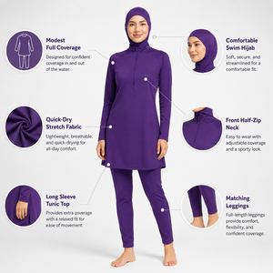 Traje de Baño Burkini Modesto para Mujer, Manga Larga, Cuello Alto, Color Morado Sólido, Secado Rápido, Spandex, Poliéster, Cobertura Completa - Product Image 6