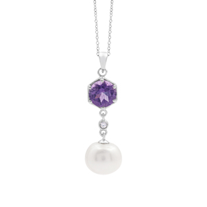 Nouveau collier pendentif classique en argent sterling 925 pur à 100 % avec améthyste hexagonale et perle d'eau douce pour femme - Product Image 1