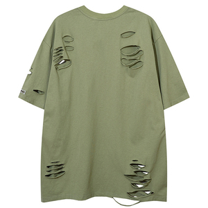 T-shirt noir surdimensionné pour homme, manches courtes, tricoté, col rond, style punk, couleur unie, design déchiré - Product Image 4