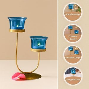 Porte-bougie double en verre bleu avec support en métal doré, décoration d'intérieur - Product Image 3