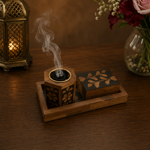 Premium Wooden Bakhoor Burner Set with Tray Glass Storage <b>Box</b> Arabic Mabkhara Middle Eastern <b>Eid</b> <b>Gift</b> Religious Hospitality Use - Product Image 2