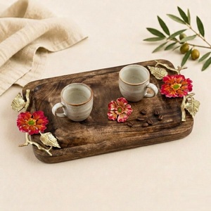 Handcrafted Rectangular Mango Wood <b>Serving</b> <b>Tray</b> With Luxury <b>Gold</b> Hibiscus Flower Handles Decorative Rustic Platter For Home Use - Product Image 5